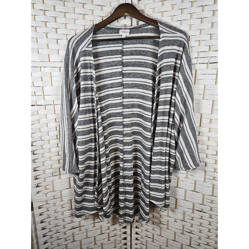 LuLaRoe Cardigan Sweater Womens Sz Large Gray White Open Front 3/4 Sleeve Casual